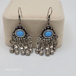 Vintage Dangle Silver Earrings Turquoise with Mosaic Pattern with Silver Dangles